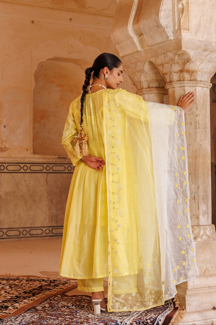 Sunny Yellow Chanderi Anarkali With Silver Embroidery