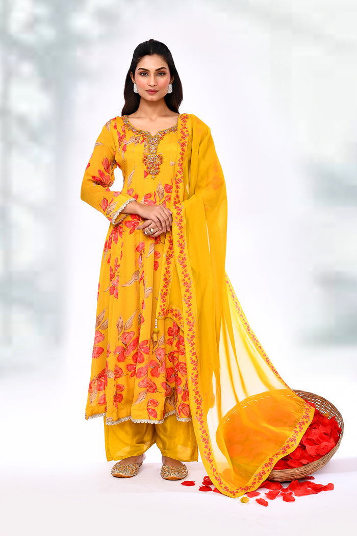 Sunrise Yellow Cotton Silk Floral Kurta Set