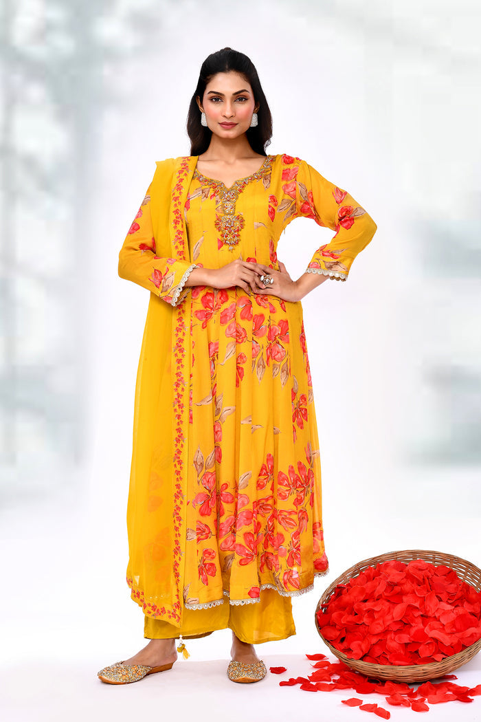 Sunrise Yellow Cotton Silk Floral Kurta Set