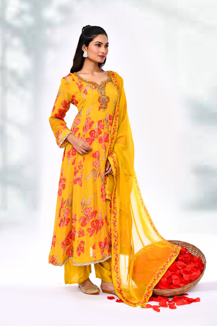 Sunrise Yellow Cotton Silk Floral Kurta Set