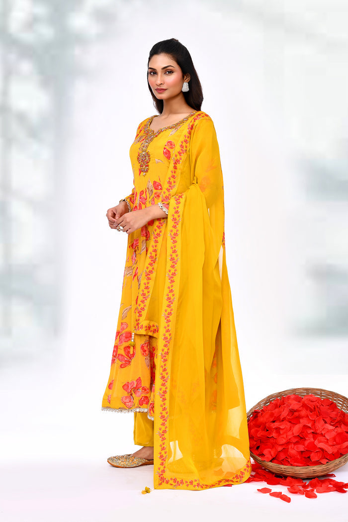 Sunrise Yellow Cotton Silk Floral Kurta Set