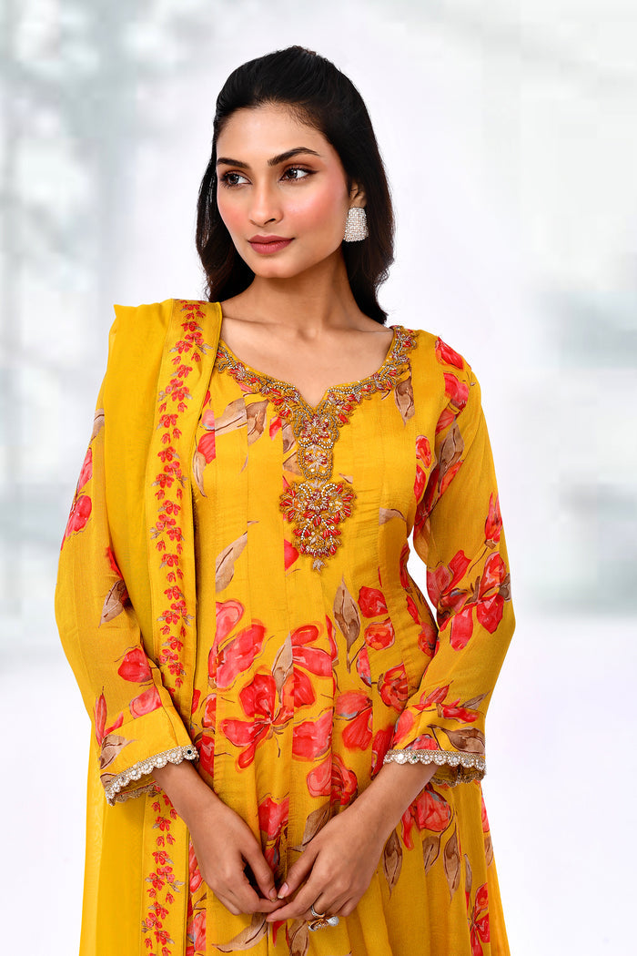 Sunrise Yellow Cotton Silk Floral Kurta Set