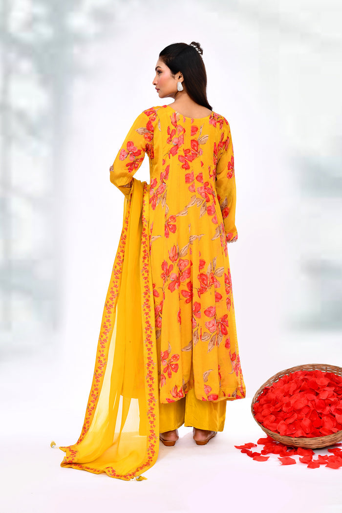 Sunrise Yellow Cotton Silk Floral Kurta Set