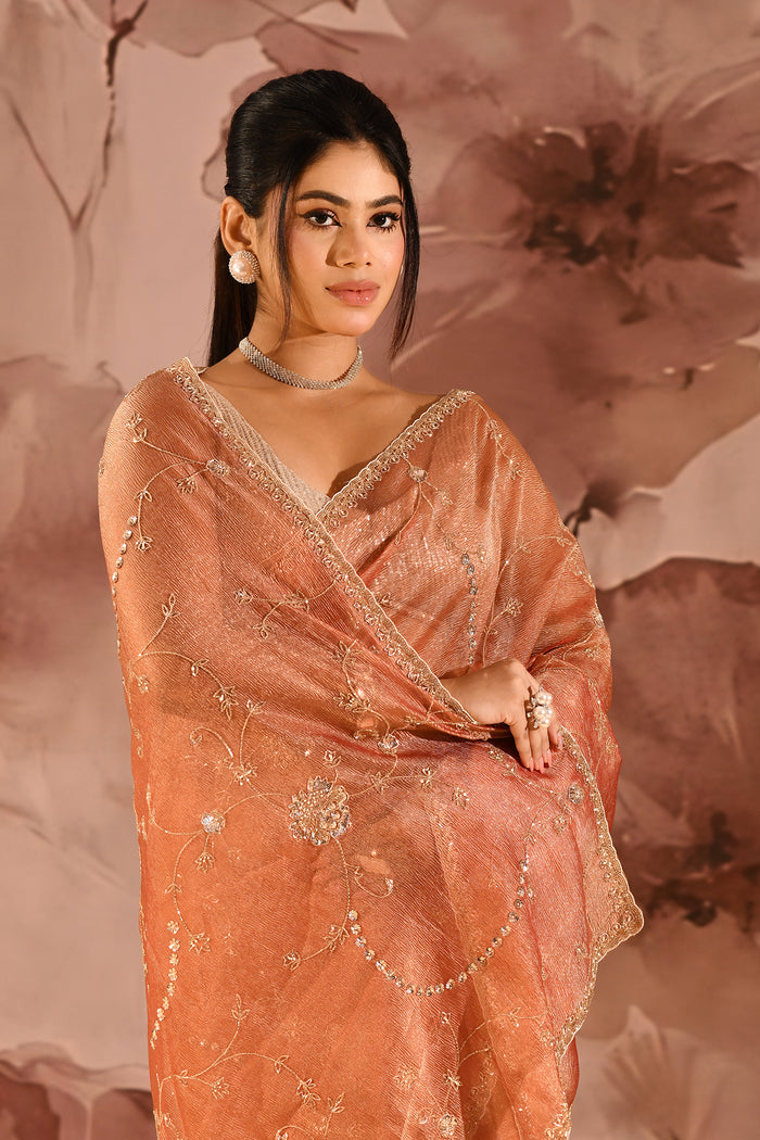 Sunset Amber Floral Jaal Tissue Embroidery Saree