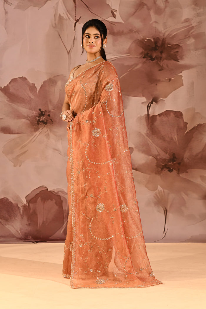 Sunset Amber Floral Jaal Tissue Embroidery Saree