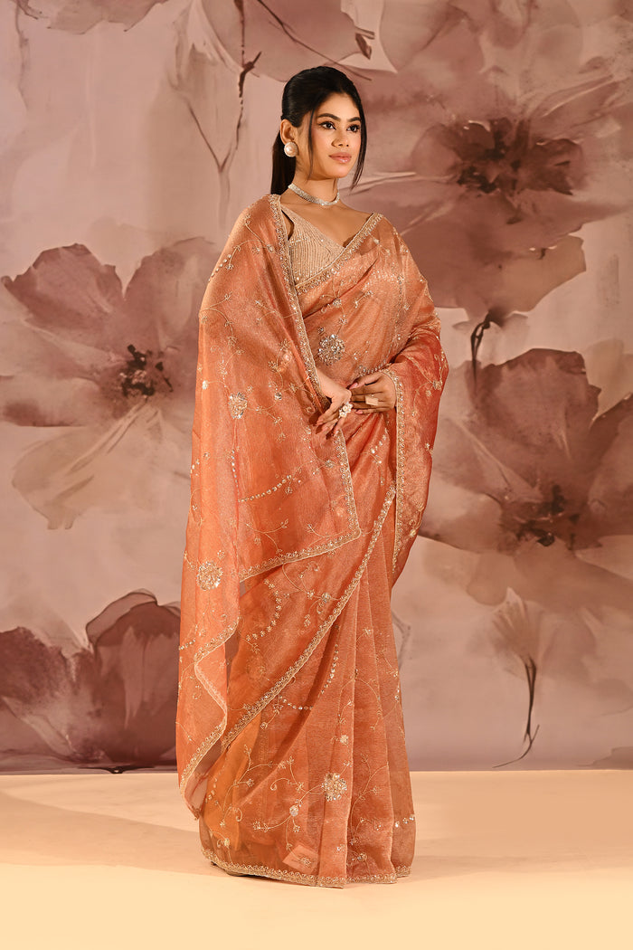 Sunset Amber Floral Jaal Tissue Embroidery Saree