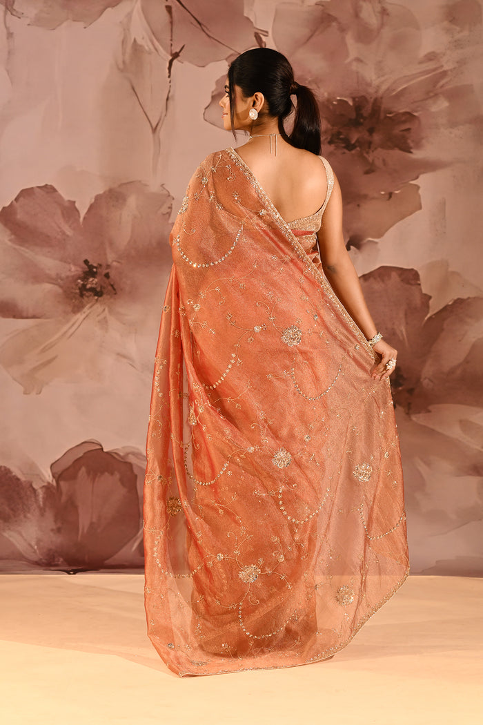 Sunset Amber Floral Jaal Tissue Embroidery Saree