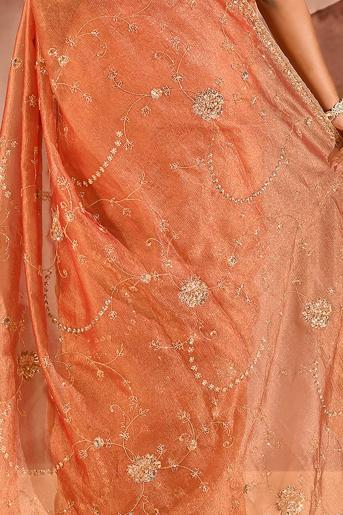 Sunset Amber Floral Jaal Tissue Embroidery Saree