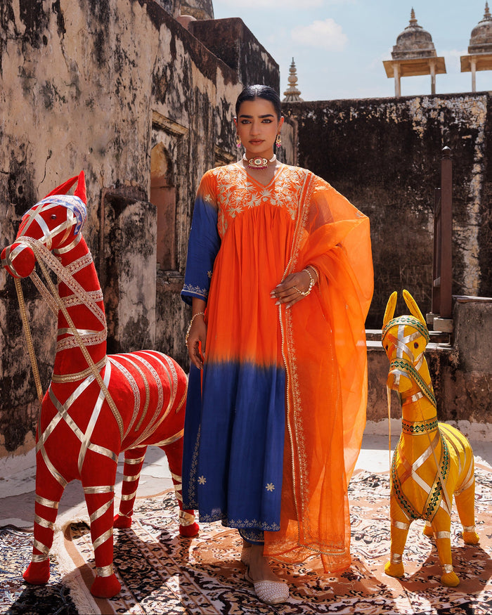 Sunset Ombre Chanderi Set With Floral Embroidery