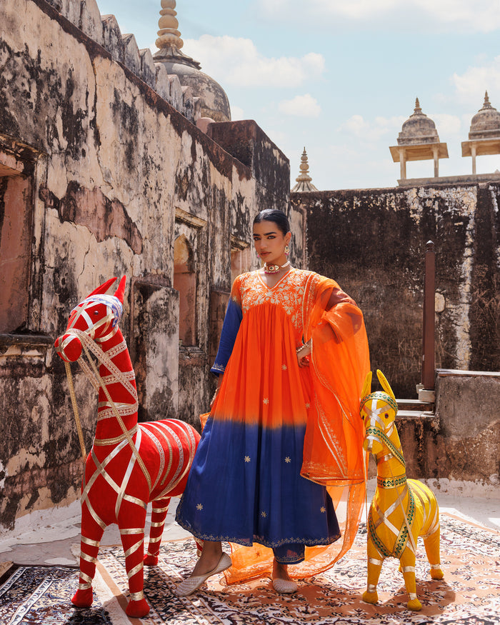 Sunset Ombre Chanderi Set With Floral Embroidery