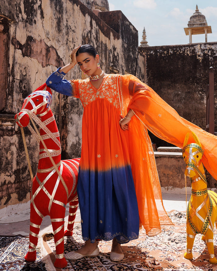 Sunset Ombre Chanderi Set With Floral Embroidery