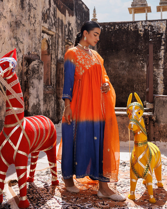 Sunset Ombre Chanderi Set With Floral Embroidery