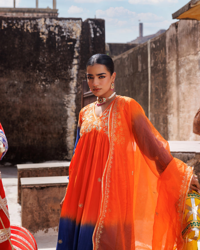 Sunset Ombre Chanderi Set With Floral Embroidery