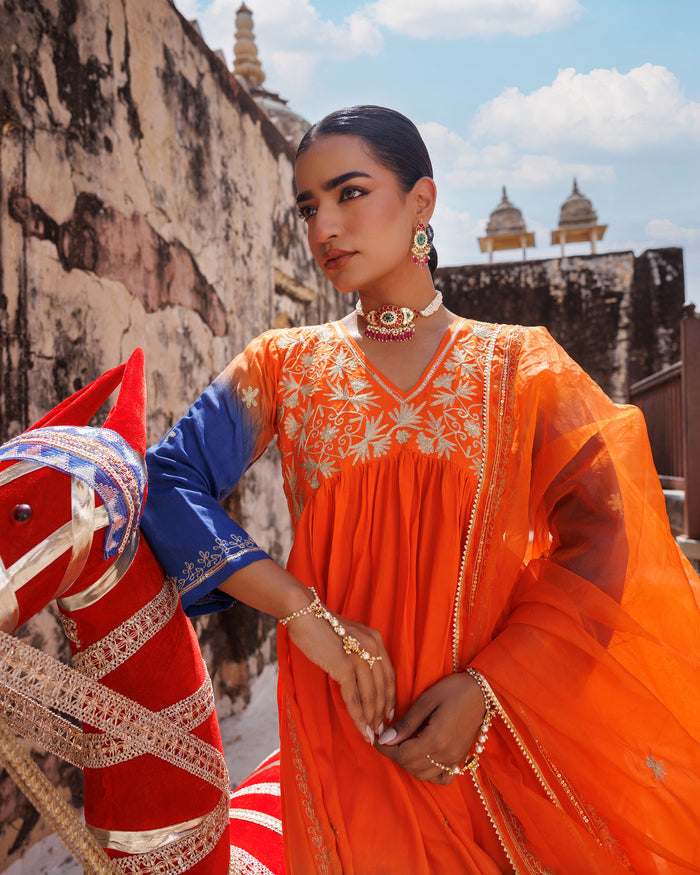 Sunset Ombre Chanderi Set With Floral Embroidery