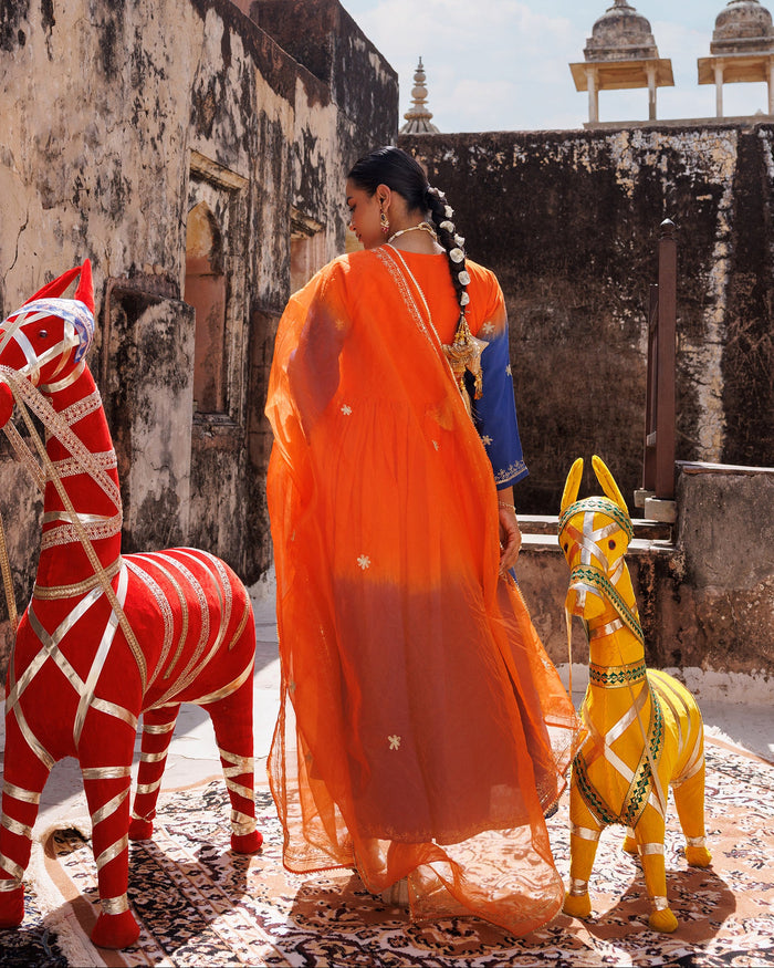 Sunset Ombre Chanderi Set With Floral Embroidery
