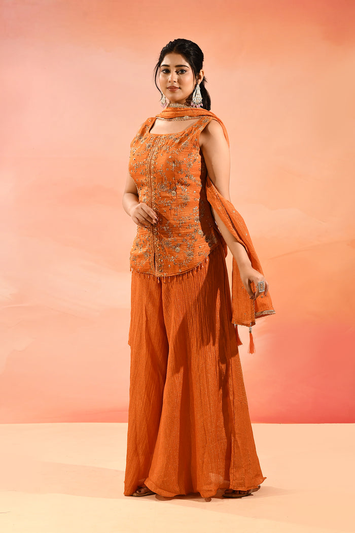 Sunset Orange Floral Jaal Embroider Straight Cut Set