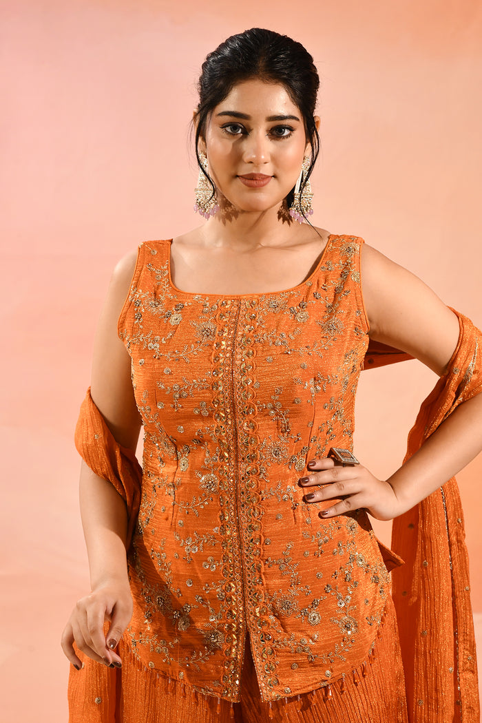 Sunset Orange Floral Jaal Embroider Straight Cut Set