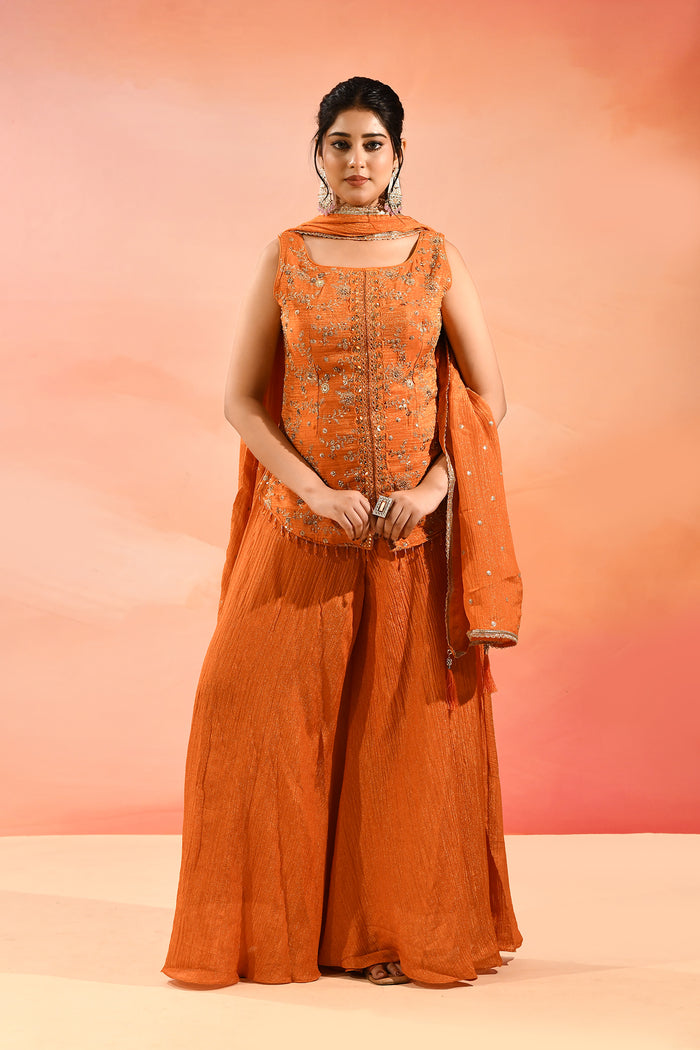 Sunset Orange Floral Jaal Embroider Straight Cut Set