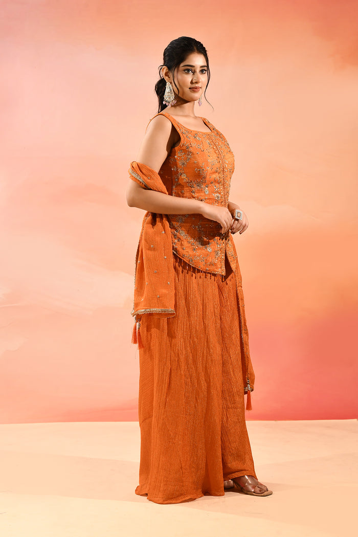 Sunset Orange Floral Jaal Embroider Straight Cut Set