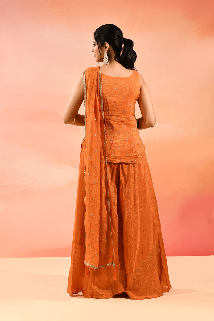 Sunset Orange Floral Jaal Embroider Straight Cut Set