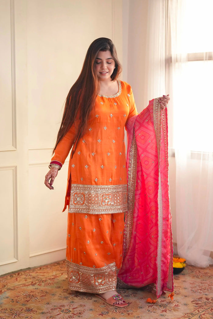 Sunset Orange Sharara Set With Bandhani Dupatta