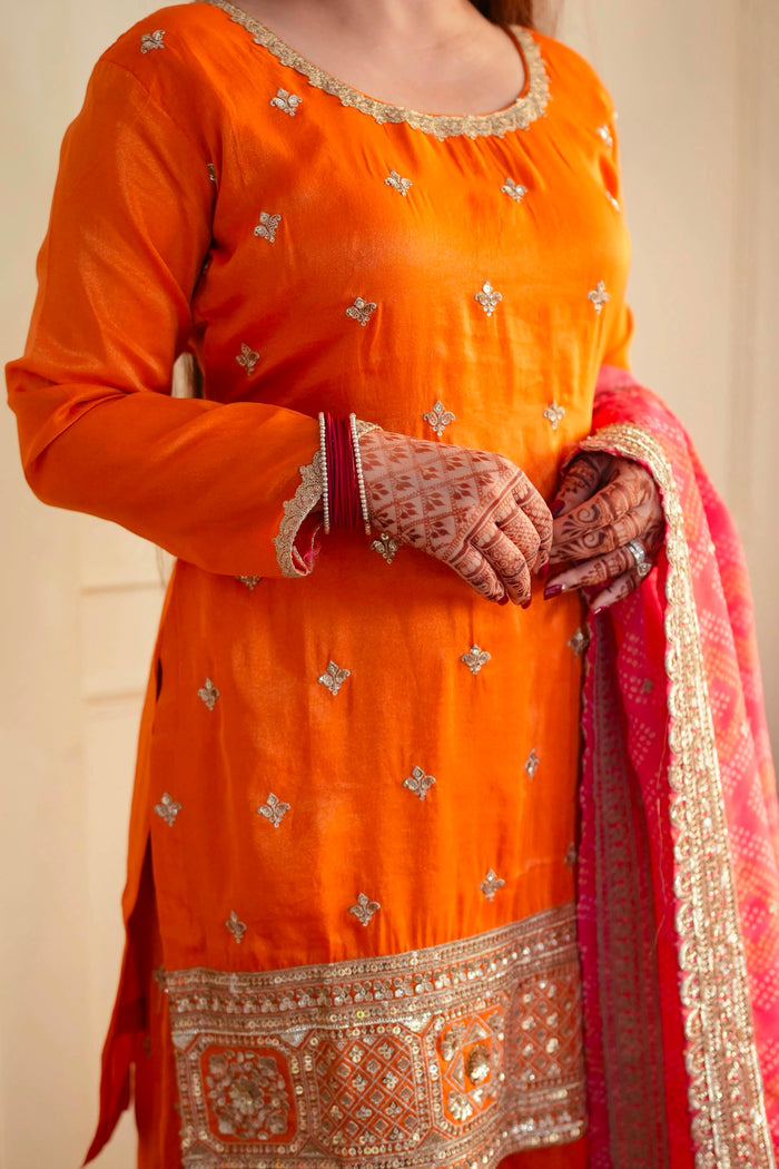 Sunset Orange Sharara Set With Bandhani Dupatta