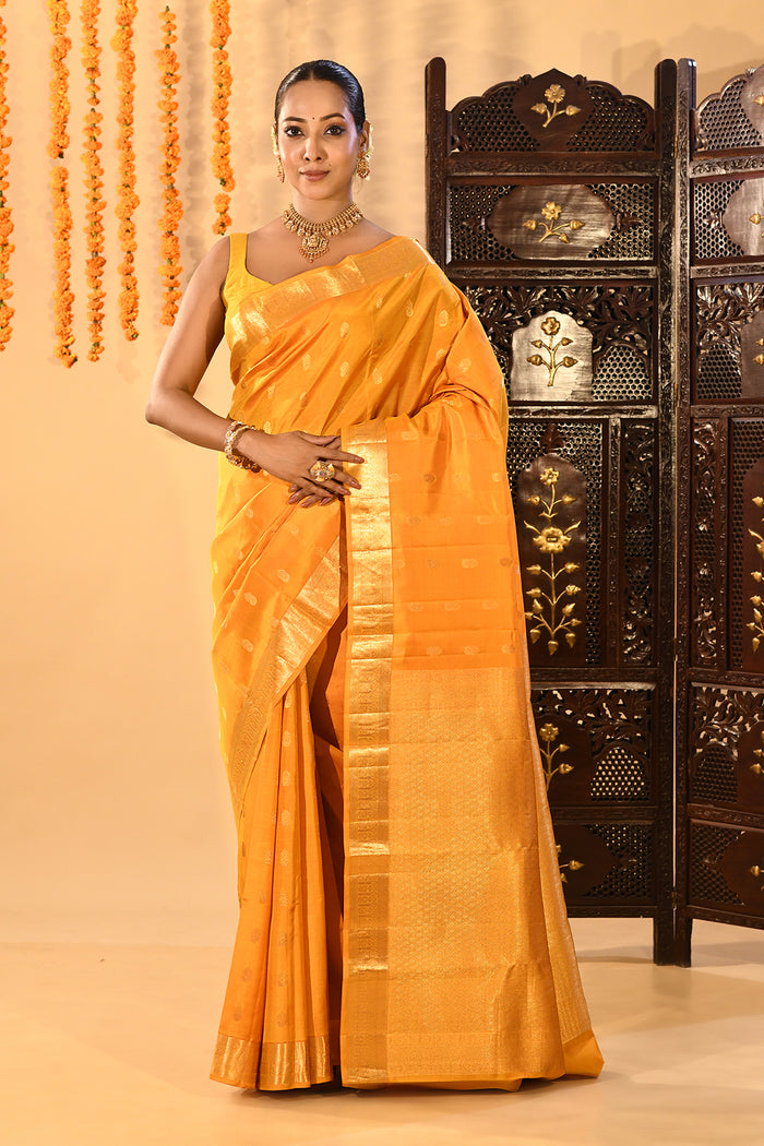 Sunset Yellow With Gold Zari Butti Kanjivaram Silk Saree