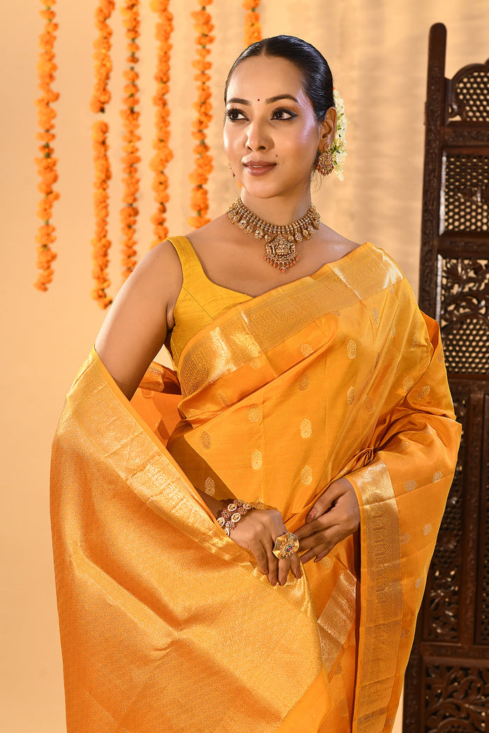 Sunset Yellow With Gold Zari Butti Kanjivaram Silk Saree