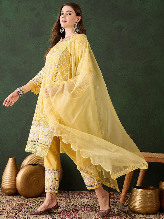 Sunshine Yellow Cotton Kurti With Lace Hem