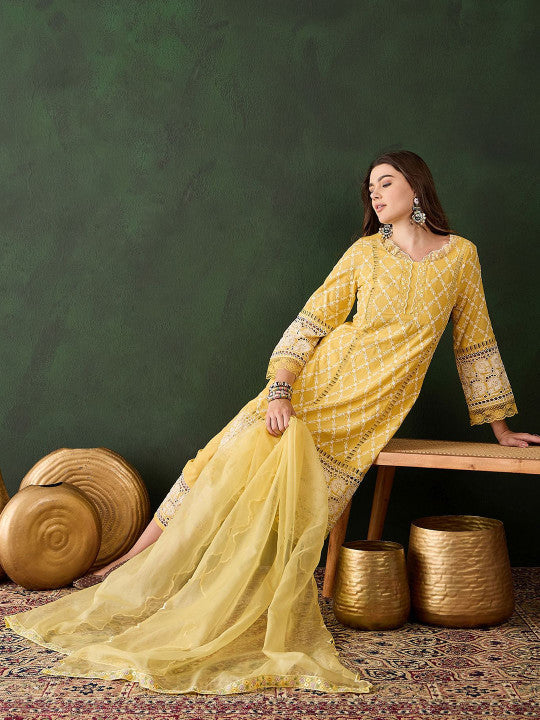 Sunshine Yellow Cotton Kurti With Lace Hem