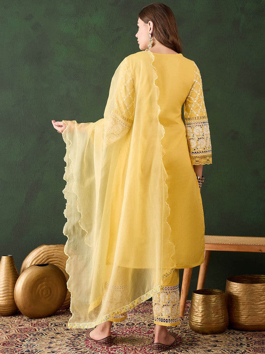 Sunshine Yellow Cotton Kurti With Lace Hem
