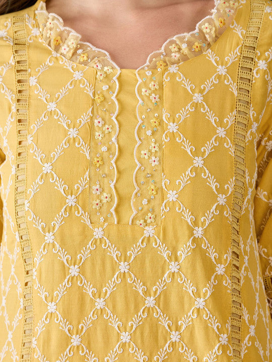 Sunshine Yellow Cotton Kurti With Lace Hem