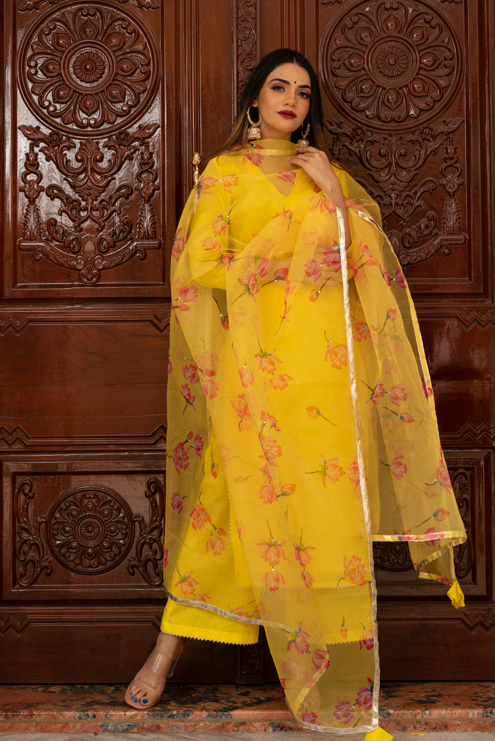 Sunshine Yellow Cotton Salwar Set With Floral Organza Dupatta