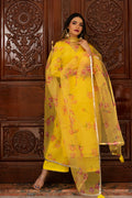Sunshine Yellow Cotton Salwar Set With Floral Organza Dupatta
