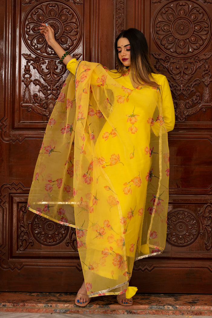 Sunshine Yellow Cotton Salwar Set With Floral Organza Dupatta