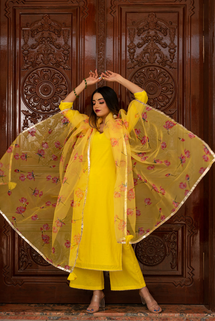 Sunshine Yellow Cotton Salwar Set With Floral Organza Dupatta