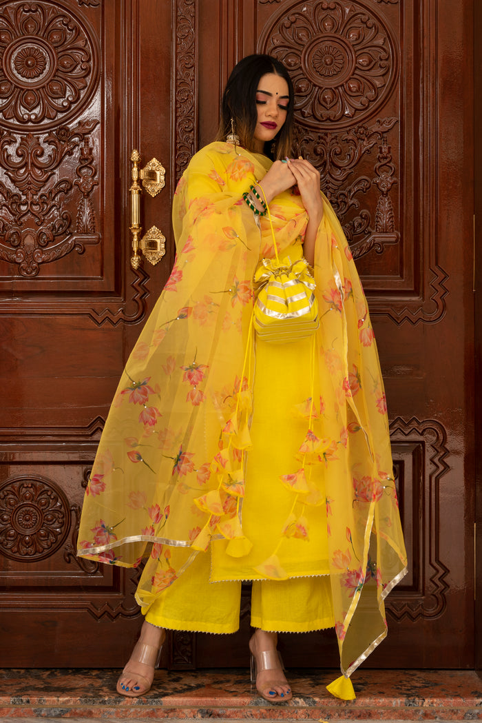 Sunshine Yellow Cotton Salwar Set With Floral Organza Dupatta
