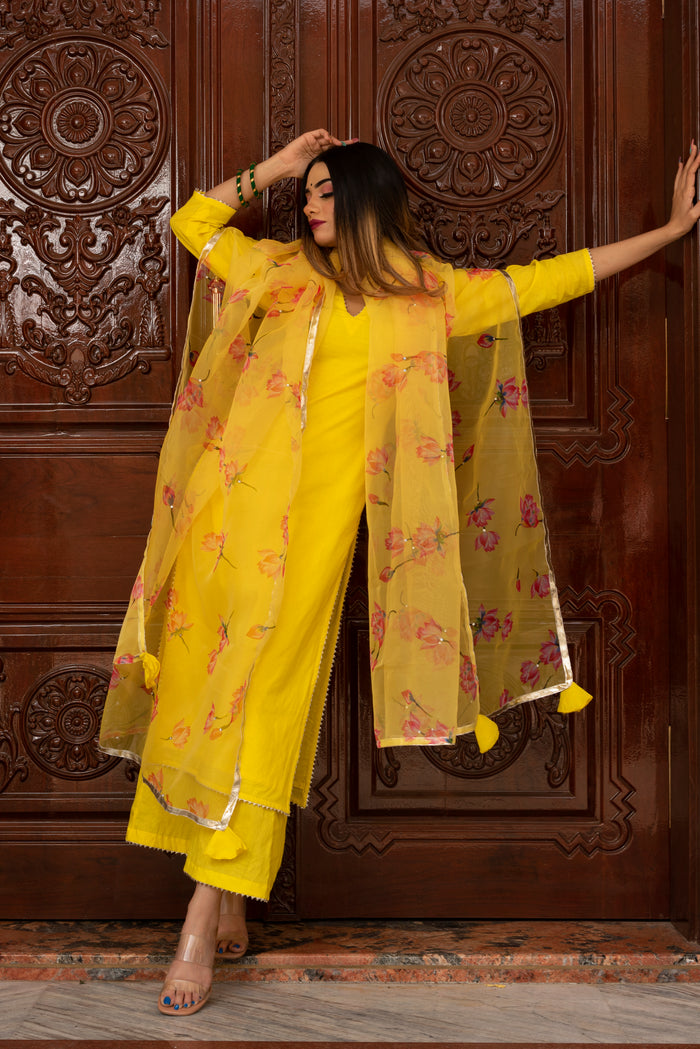 Sunshine Yellow Cotton Salwar Set With Floral Organza Dupatta