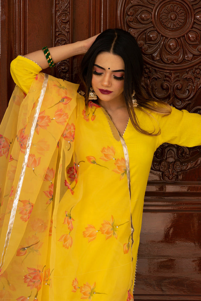 Sunshine Yellow Cotton Salwar Set With Floral Organza Dupatta