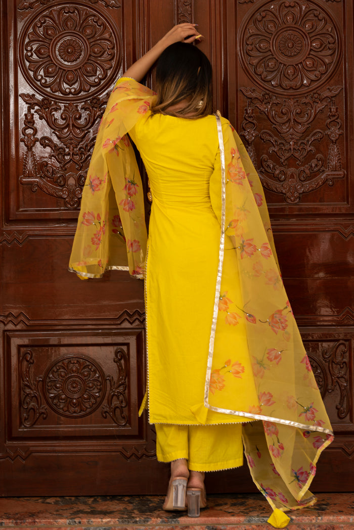 Sunshine Yellow Cotton Salwar Set With Floral Organza Dupatta