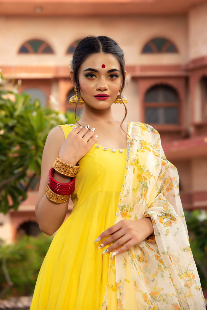 Sunshine Yellow Floral Anarkali Set