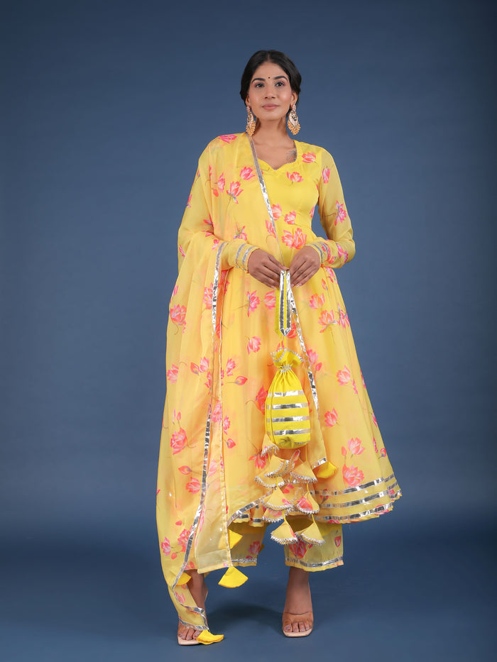 Sunshine Yellow Lotus Printed Georgette Anarkali Set