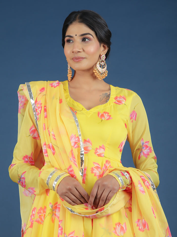 Sunshine Yellow Lotus Printed Georgette Anarkali Set