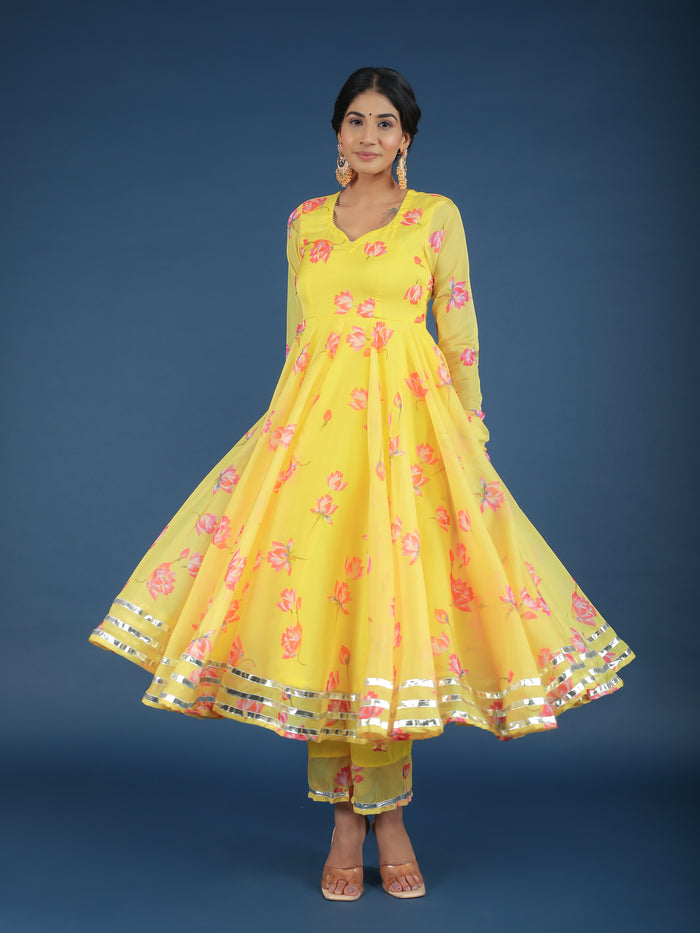 Sunshine Yellow Lotus Printed Georgette Anarkali Set