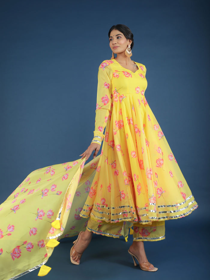 Sunshine Yellow Lotus Printed Georgette Anarkali Set