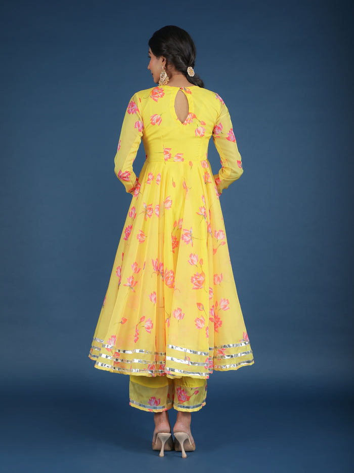 Sunshine Yellow Lotus Printed Georgette Anarkali Set