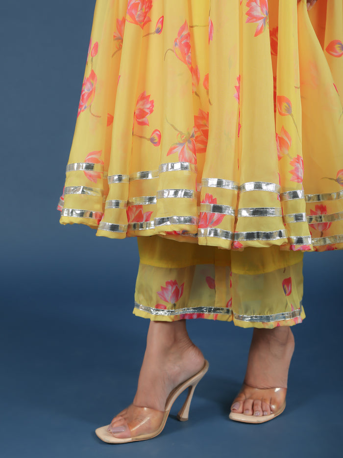 Sunshine Yellow Lotus Printed Georgette Anarkali Set