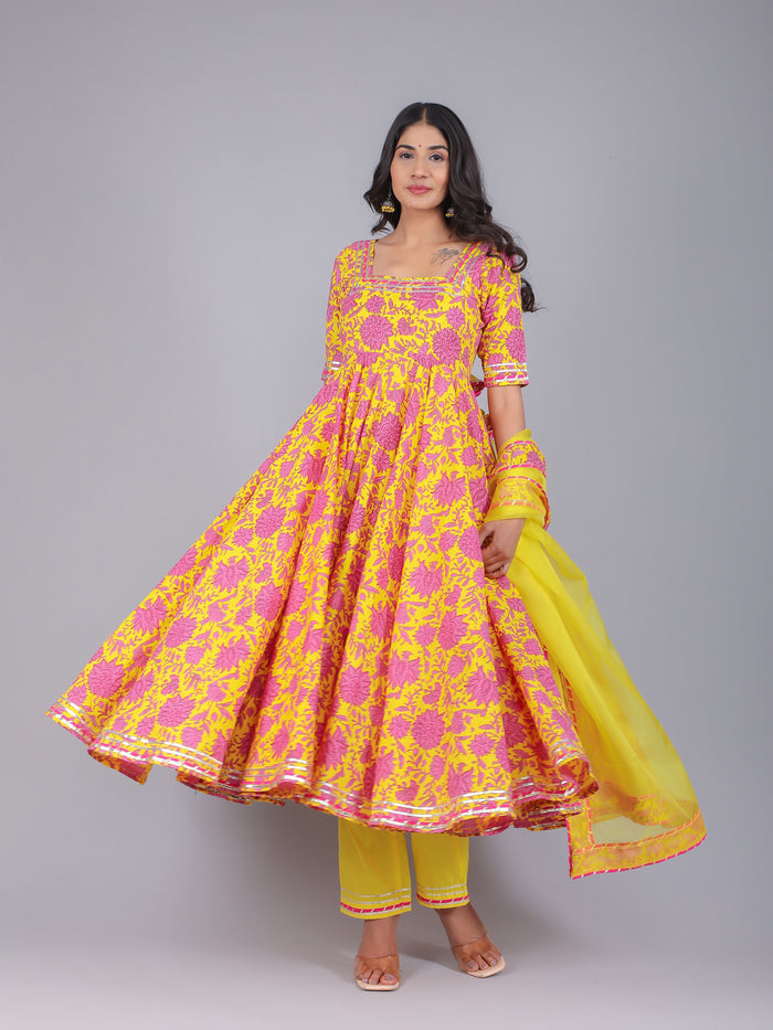 Sunshine Yellow Pink Floral Anarkali Set