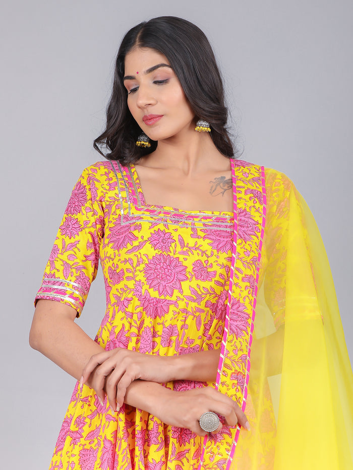 Sunshine Yellow Pink Floral Anarkali Set