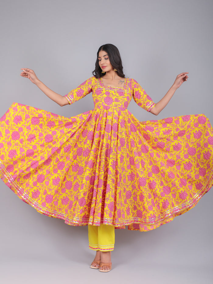 Sunshine Yellow Pink Floral Anarkali Set